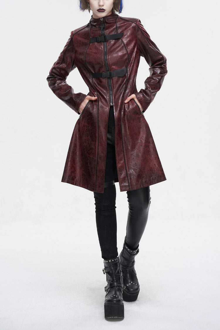 Red Double Buckle Faux Leather Long Women's Punk Coat - Red - 1