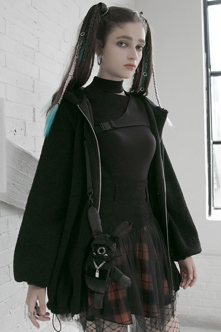 Black/Red Lace Mesh Stitching Plaid Metal Buckle Decoration High Waist Women's Punk Short Skirt - Product - 2