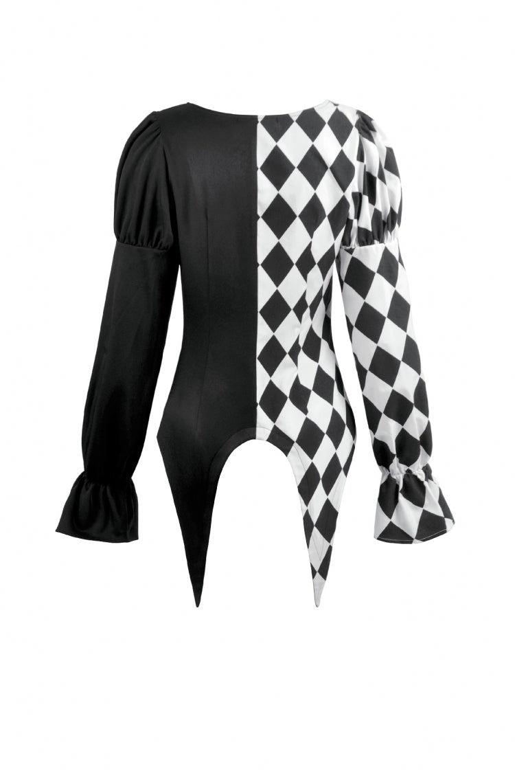 Black/White Harlequin Collar Diamond Pattern Color-Blocked Long Puff Flare Sleeves Women's Gothic Blouse - Product - 15