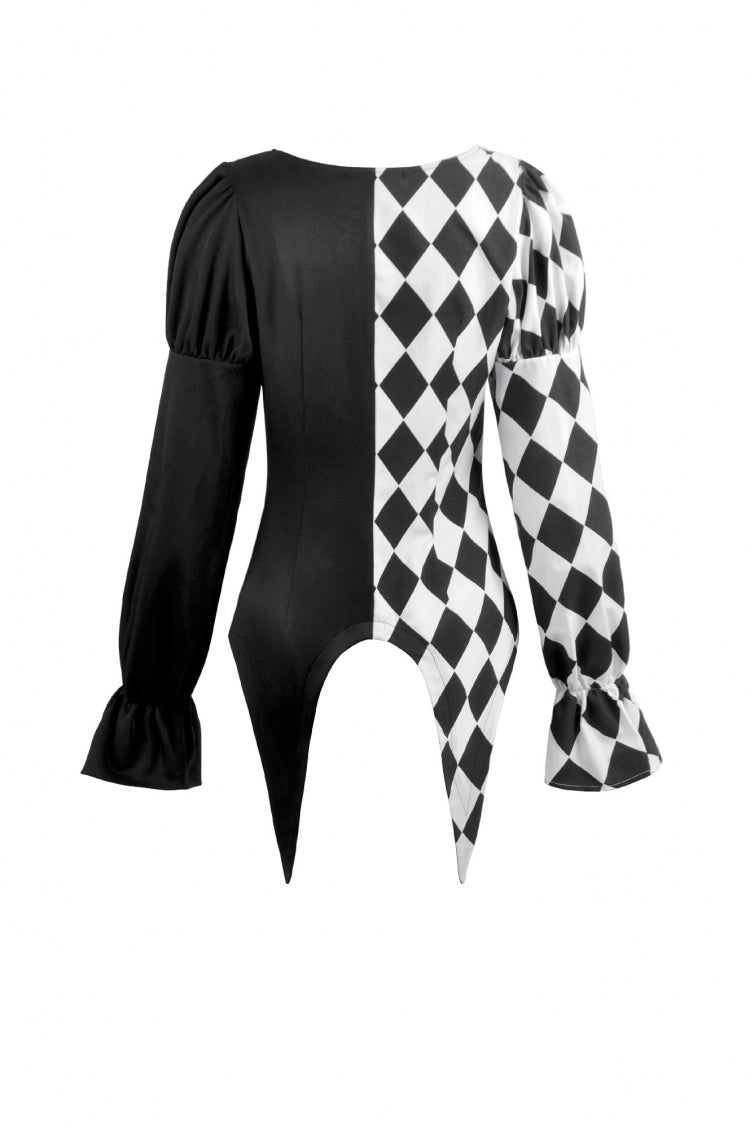 Black/White Harlequin Collar Diamond Pattern Color-Blocked Long Puff Flare Sleeves Women's Gothic Blouse - Product - 15