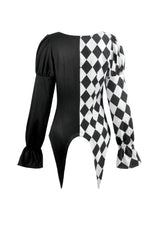 Black/White Harlequin Collar Diamond Pattern Color-Blocked Long Puff Flare Sleeves Women's Gothic Blouse - Product - 15