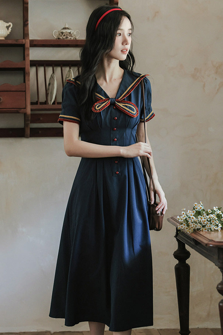 Dark Blue Navy Collar Short Sleeves Subtle Pattern Bow Classic College Style Lolita Dress - Product - 7