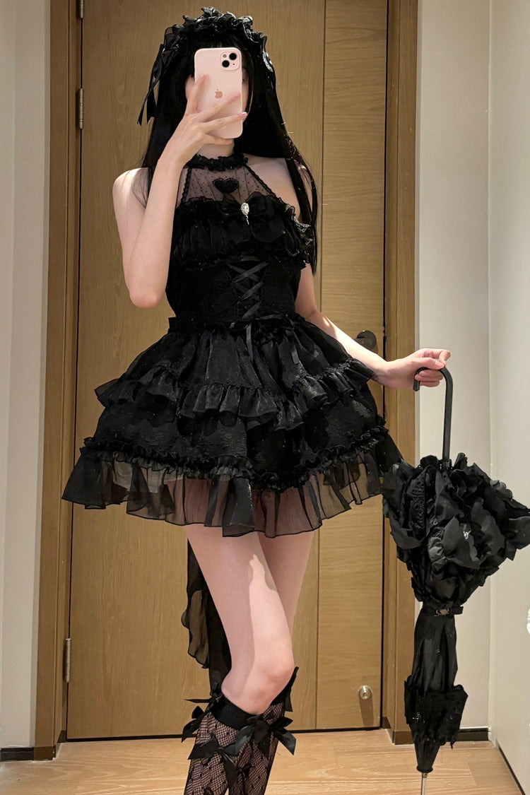 Black Halterneck Triple-Layered Bowknot Lace Gothic Lolita Jsk Dress - Product - 2