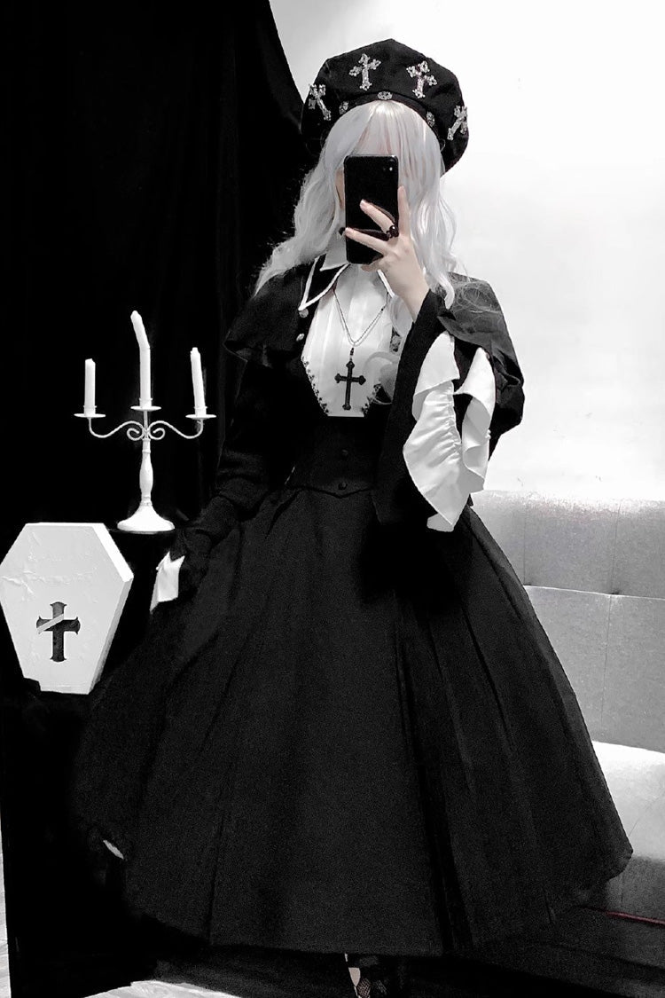 Black Cross Salute Nun Long Sleeves Ruffle Plus Size Gothic Lolita Strap Dress Set - Product - 6