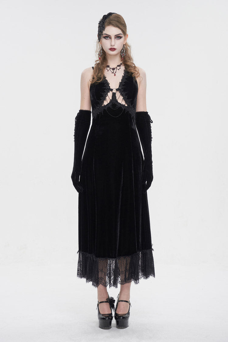 Black Lace Up Lace Hem Slip Long Women's Gothic Dres - Product - 3