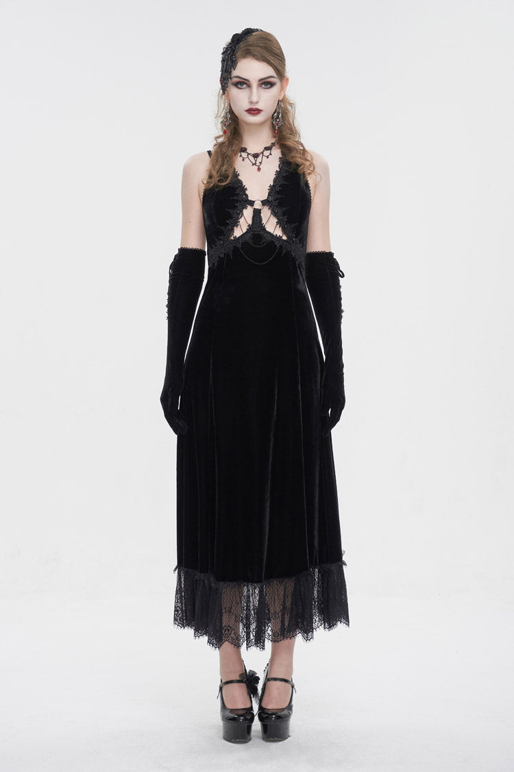 Black Lace Up Lace Hem Slip Long Women's Gothic Dres - Product - 3