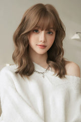 Caramel Warm Brown Korean Wool Curly Sweet Lolita Wig with Full Air Bangs - Caramel-Warm-Brown - 1