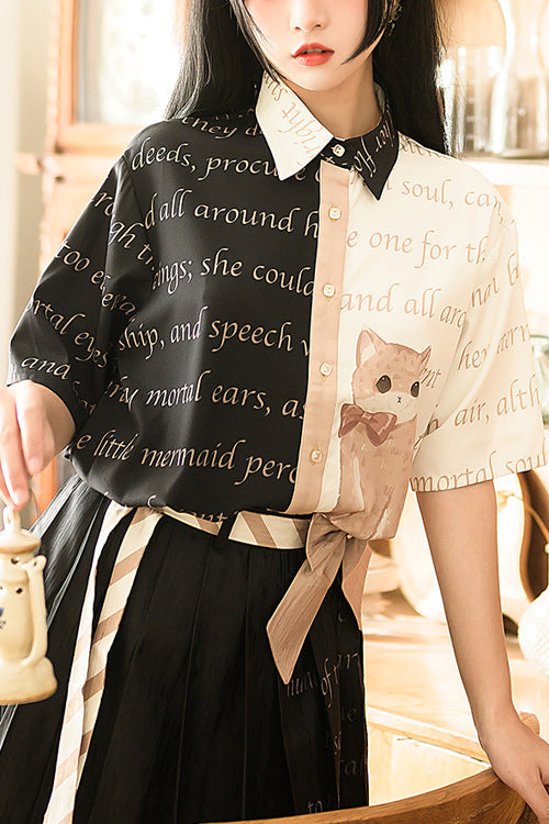 Lapel Collar Orange Cat Print Short Sleeves Contrast Color Ouji Lolita Blouse - Black/White - 1