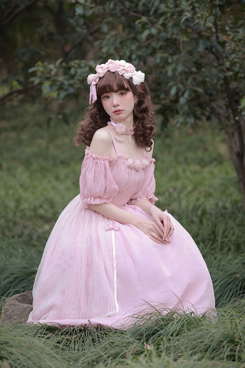Boat Neck Bubble Short Sleeve Flower Embellished High Waisted Sweet Lolita Dress - Product - 5
