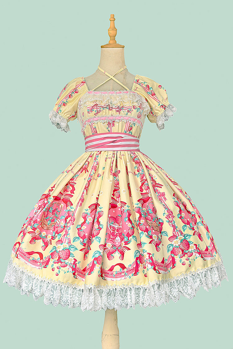 [Strawberry Chef] Short Sleeves Print Bowknot Lace Sweet Lolita Dress 4 Colors - Product - 14