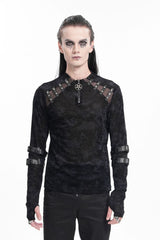 Black Round Collar Long Sleeves Buckle Star Studs Men's Gothic T-Shirt - Black - 1