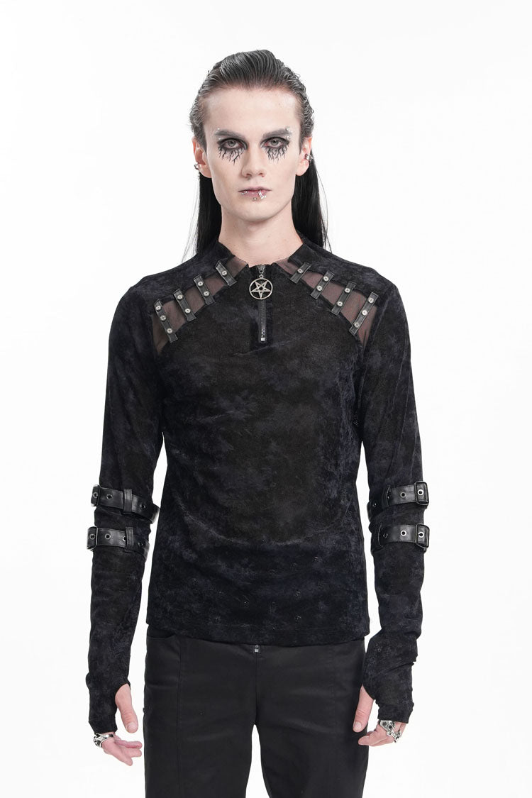 Black Round Collar Long Sleeves Buckle Star Studs Men's Gothic T-Shirt - Black - 1