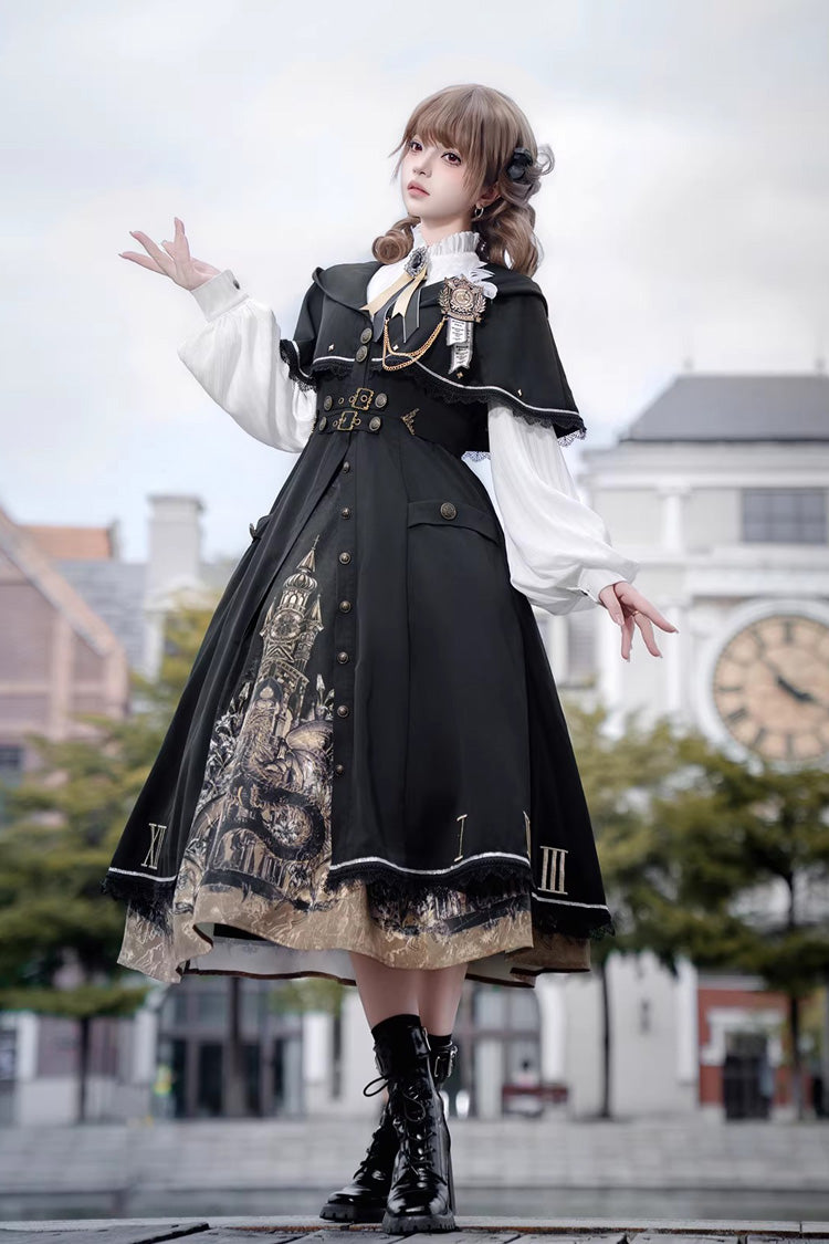 Black [Dragon’s Aria] Long Sleeves Printed Embroidered College Style Gothic Vintage Lolita Dress Three-Piece Set - Product - 2