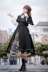 Black [Dragon’s Aria] Long Sleeves Printed Embroidered College Style Gothic Vintage Lolita Dress Three-Piece Set - Product - 2
