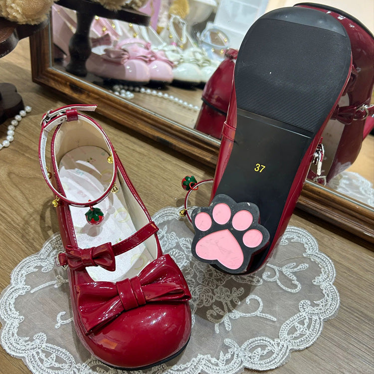 Round Toe Bow Mid Heel Lolita Mary Jane Shoes with Cat Paw Heels & Ankle Bells 6 Colors - Wine-Red - 1