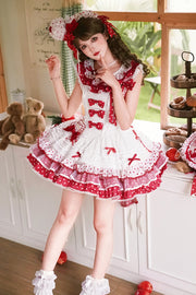 Red/White Twin Bears Sleeveless Triple-Layered Print Ruffle Bowknot Lace Sweet (Dress Only) front view
