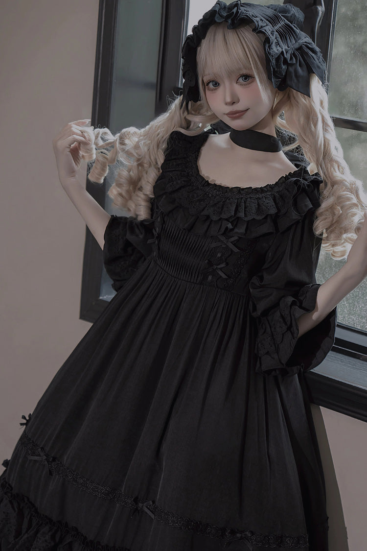 Black [Good Morning] Short Sleeves Ruffle Bowknot Lace-Up Gothic Lolita Dress - Product - 3