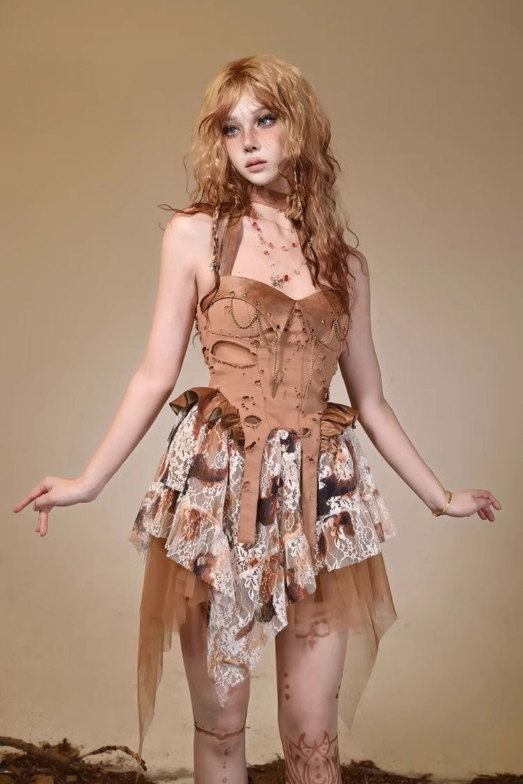 Brown Halterneck Sleeveless Lace Irregular Ripped Punk Vintage Jsk Dress - Product - 3
