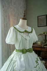 Green Doll Collar Short Sleeves Plaid Print Ruffle Hollow Embroidery Bowknot Sweet Elegant Lolita Dress - Product - 6