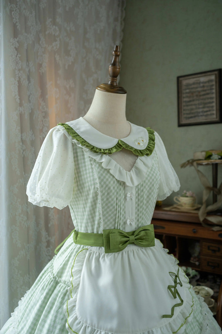 Green Doll Collar Short Sleeves Plaid Print Ruffle Hollow Embroidery Bowknot Sweet Elegant Lolita Dress - Product - 6