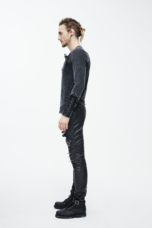 Black Faded Long Sleeves Lace Up Mens Punk T-Shirt - Product - 6