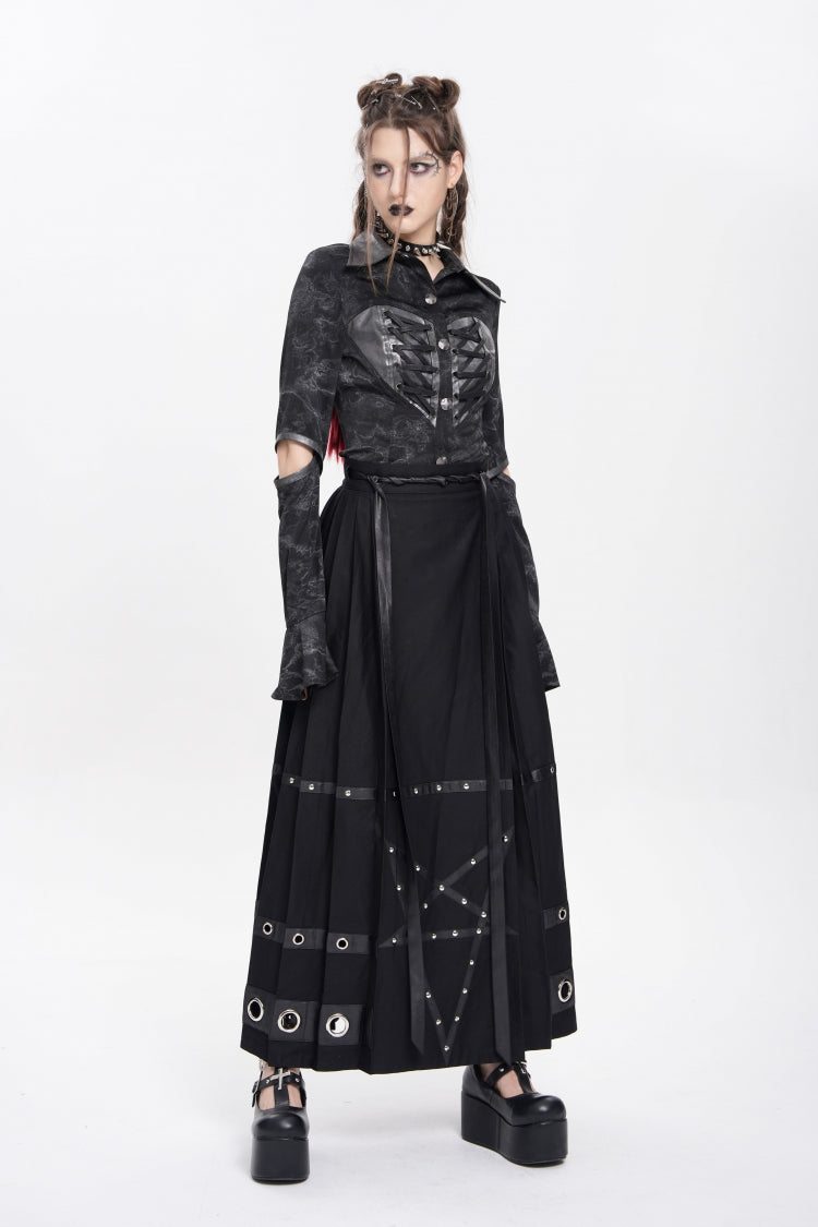 Black Lapel Collar Long Sleeves Print Lace-Up Cutout Women's Punk Blouse - Product - 6