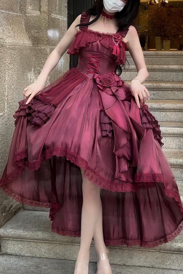 Red Square Collar Sleeveless Ruffled Bow Lace-Up Classic Elegant Princess Lolita Jsk Dress - Red - 1