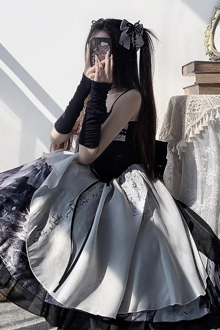 Multi-Color Multi-layer Chinese Ink Style Print Ruffle Sweet Lolita Jsk Dress Set - Product - 4