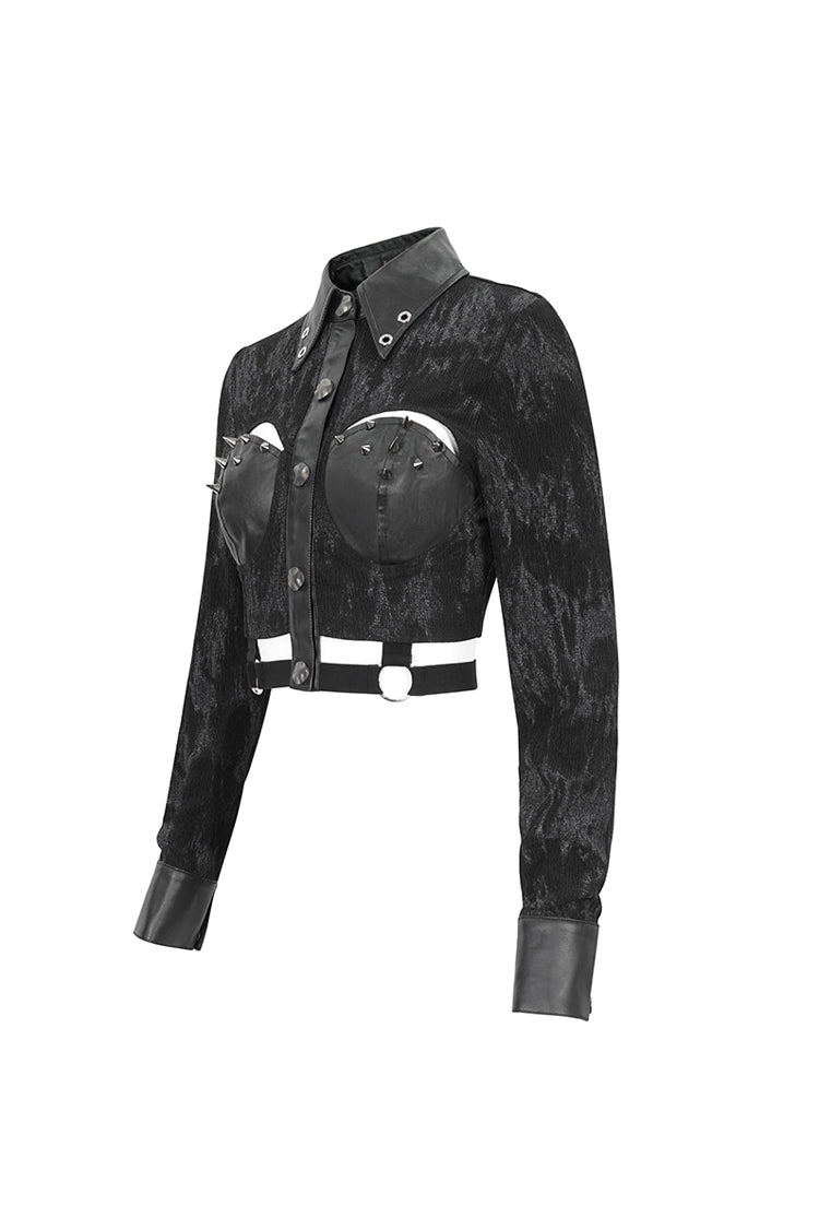 Black Turn Down Collar Cutout Long Sleeves Studded Women's Punk Shirt - Product - 8