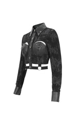 Black Turn Down Collar Cutout Long Sleeves Studded Women's Punk Shirt - Product - 8