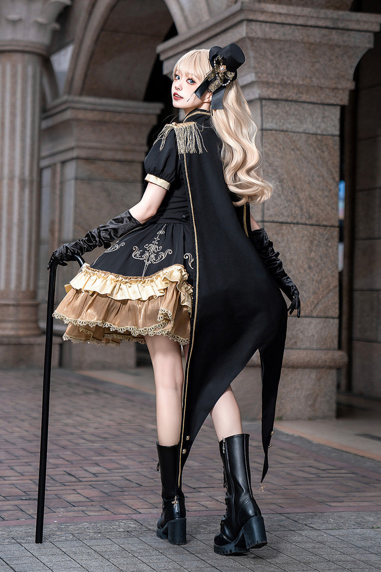 Black [Gilded Oath] Short Sleeves Double-Layered Ruffle Embroidery Bowknot Gothic Lolita Dress - Product - 11