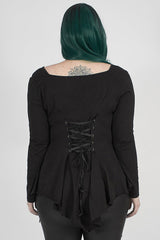 Black Big Round Collar Front Chest Decals Long Sleeve Back Waist Lace-Up Frill Hem Plus Size Women's Gothic T-Shirt - Product - 3