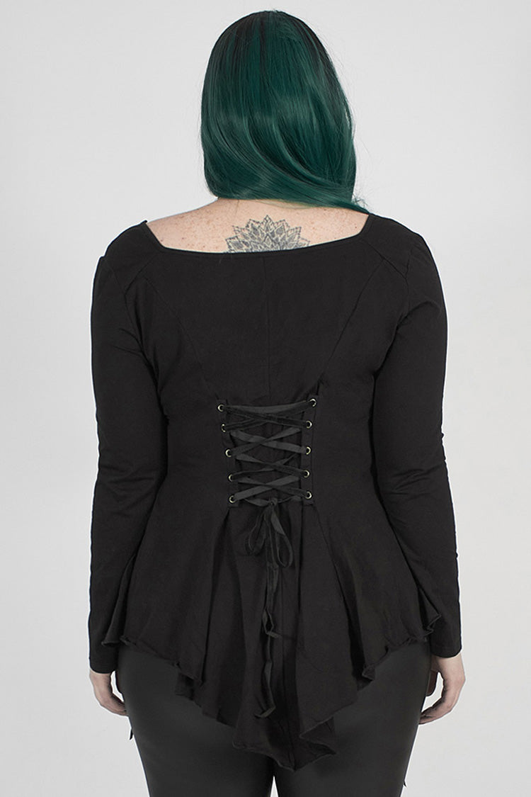 Black Big Round Collar Front Chest Decals Long Sleeve Back Waist Lace-Up Frill Hem Plus Size Women's Gothic T-Shirt - Product - 3