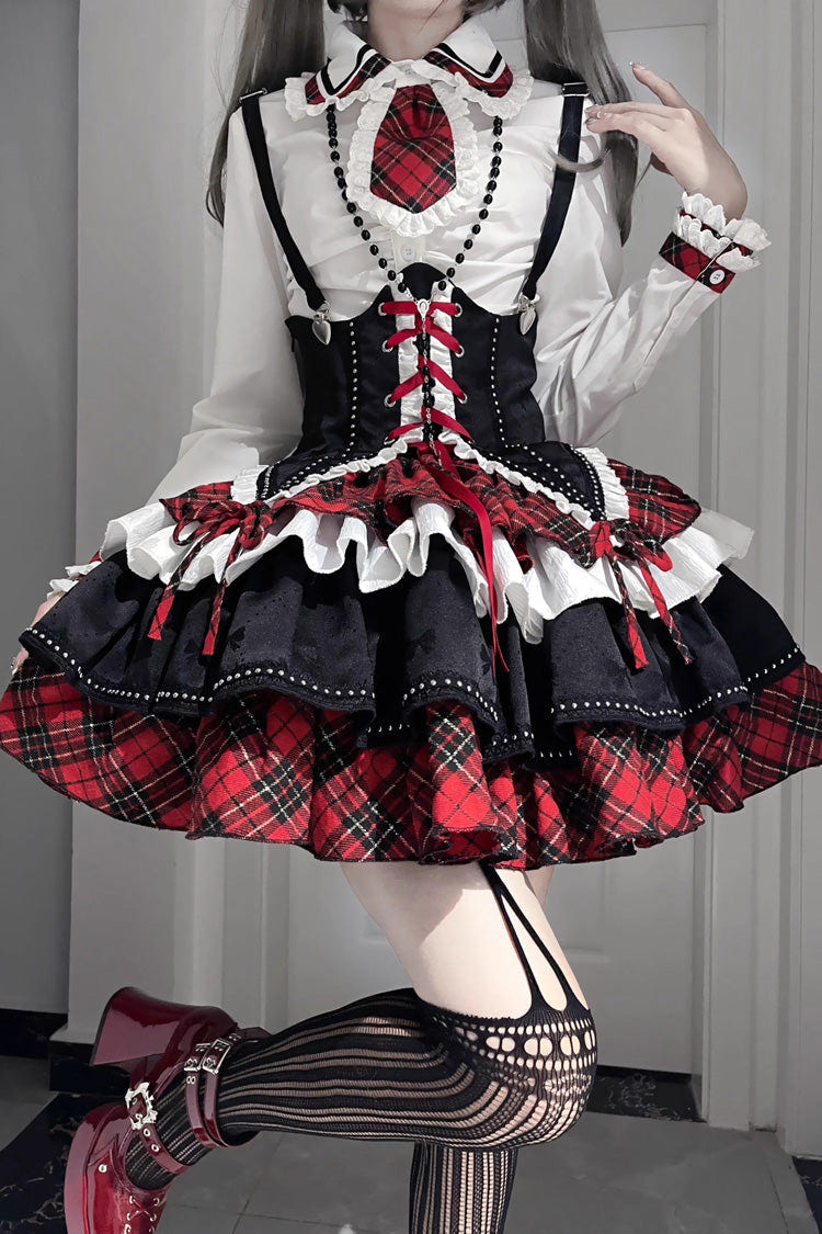 Red/White/Black Multi-layer Ruffle Opera Rock Girl Gothic Lolita Strap Dress Set - Product - 3
