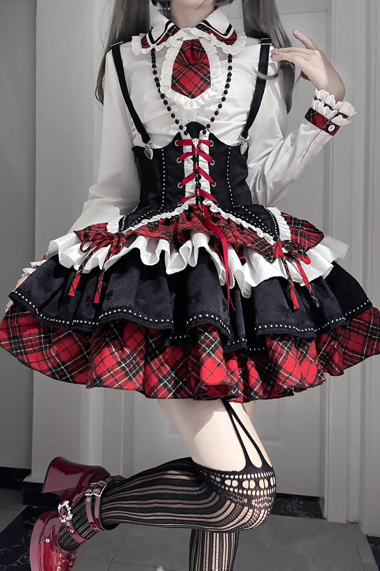 Red/White/Black Multi-layer Ruffle Opera Rock Girl Gothic Lolita Strap Dress Set - Product - 3
