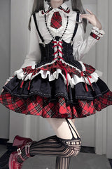 Red/White/Black Multi-layer Ruffle Opera Rock Girl Gothic Lolita Strap Dress Set - Product - 3