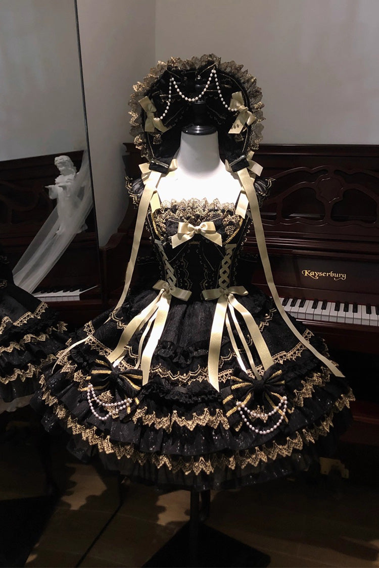 Black [Gilded Memories] Sleeveless Double-Layered Ruffle Hot Stamping Bowknot Lace Sweet Lolita Jsk Dress - Product - 2