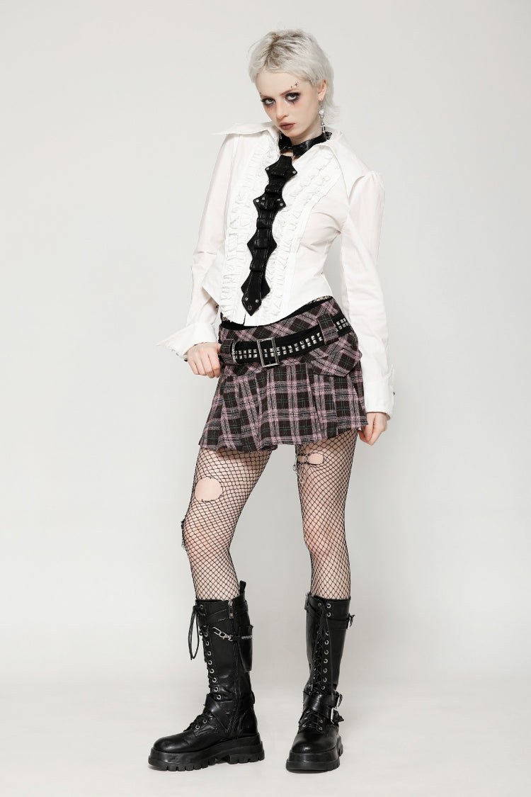 Pink/Brown Buckled Plaid Women's Punk Pleated Mini Skirt - Product - 11