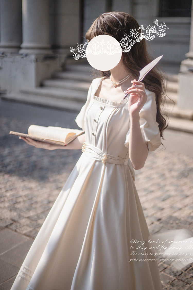 Apricot [Random Thoughts] Square Collar Short Sleeves Ruffle Classic Vintage Elegant Lolita Dress - Product - 12