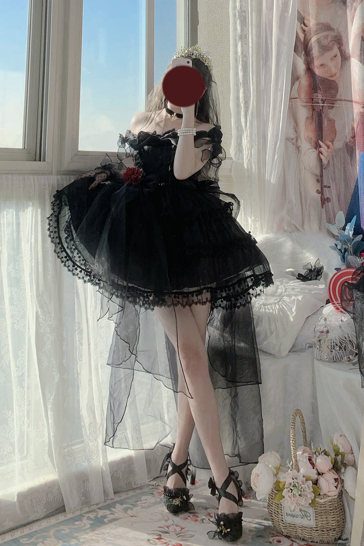 Black Multi-Layered Ruffled Hanayome Bow Pearl-Decorated Gothic Lolita Jsk Dress Full Set 2 Versions - Product - 9