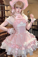 Pink Halterneck Short Sleeves Triple-Layered Polka Dot Printed Bow Lace-Up Sweet Lolita Dress - Product - 7