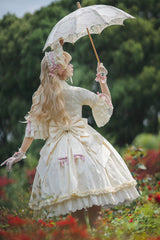 Ivory [Lilica Garden] Lapel Collar Short Trumpet Sleeves Ruffled Open-Front Bow Lace Sweet Elegant Luxurious Lolita Dress - Product - 2