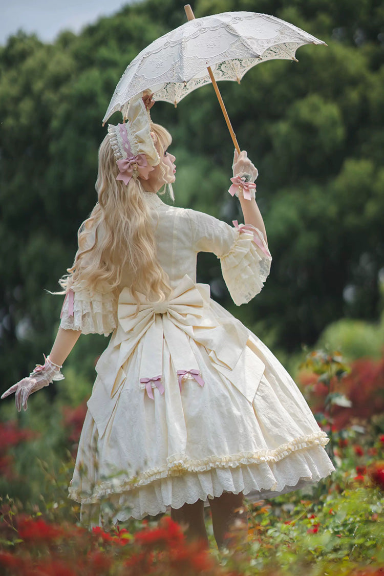 Ivory [Lilica Garden] Lapel Collar Short Trumpet Sleeves Ruffled Open-Front Bow Lace Sweet Elegant Luxurious Lolita Dress - Product - 2