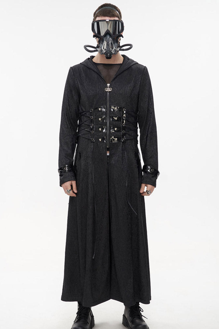 Black Punk Stripe Mechanism Material Adjustable Stitching Fake Girdle Design Slim Fit Men's Coat - Product - 7