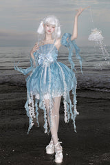 Blue [Dreamy Jellyfish] Square Collar Sleeveless Printed Ruffled Lace Sweet Lolita Jsk Dress Set - Product - 10