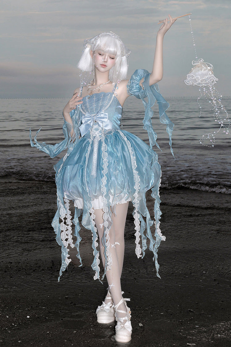 Blue [Dreamy Jellyfish] Square Collar Sleeveless Printed Ruffled Lace Sweet Lolita Jsk Dress Set - Product - 10