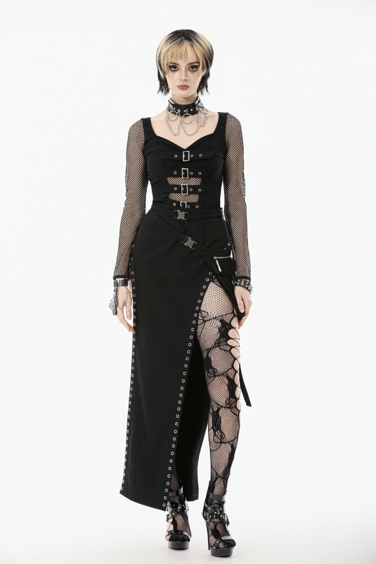 Black Strap Buckled Women's Punk Eyelet High-Slit Midi Skirt with Detachable Pocket - Product - 9