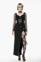 Black Strap Buckled Women's Punk Eyelet High-Slit Midi Skirt with Detachable Pocket - Product - 9