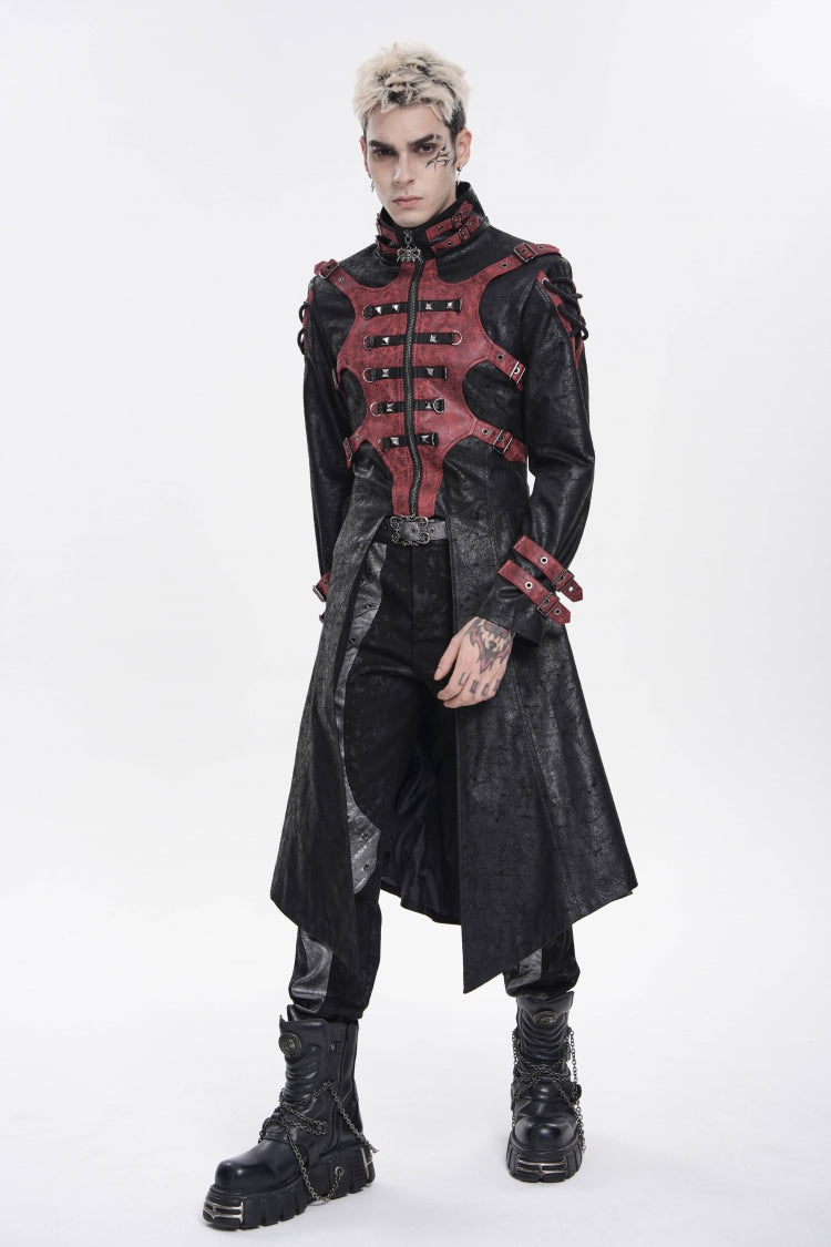Black Stand Collar Long Sleeves Printed Spliced Studded Buckled Zippered Eyelet Men's Punk Cool Hooded Jacket - Product - 10