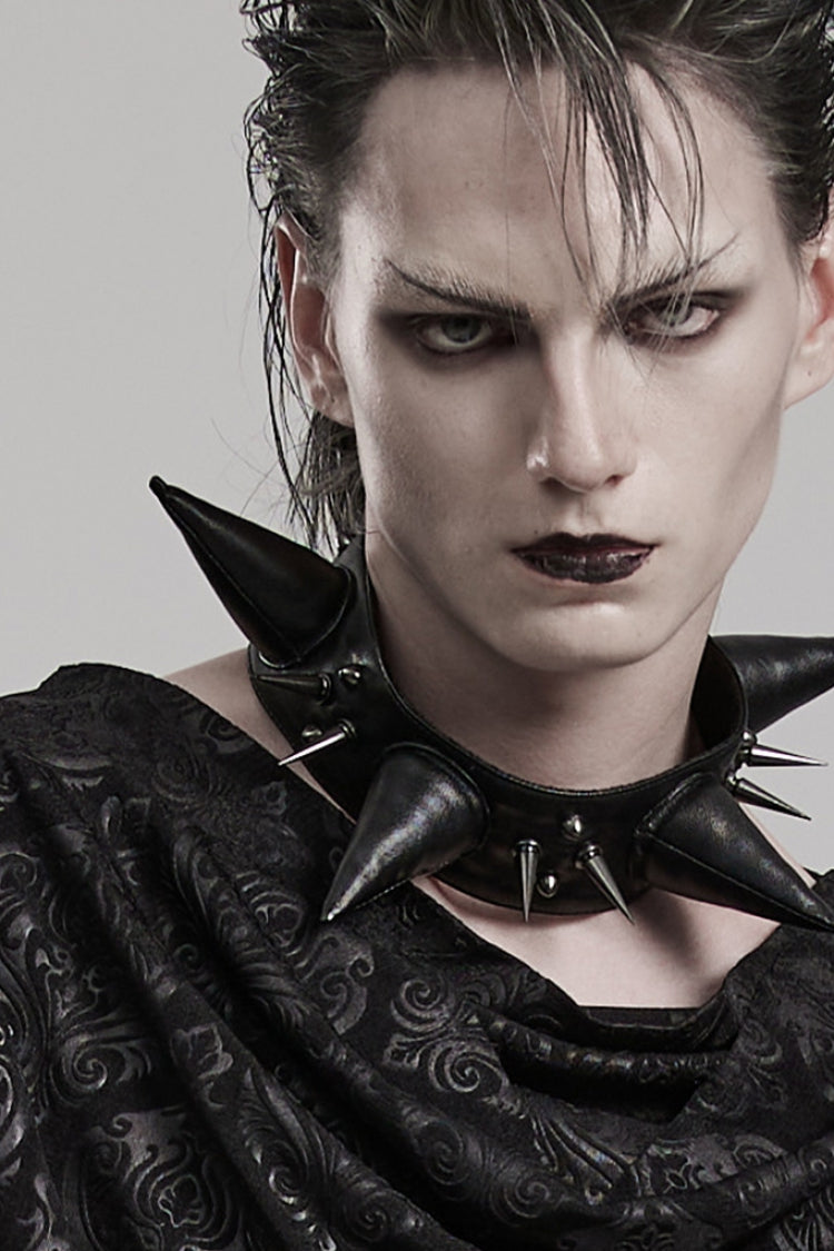 Black Cracked Leather Metal Nail Decoration Men's Steampunk Pointed Choker - Product - 4